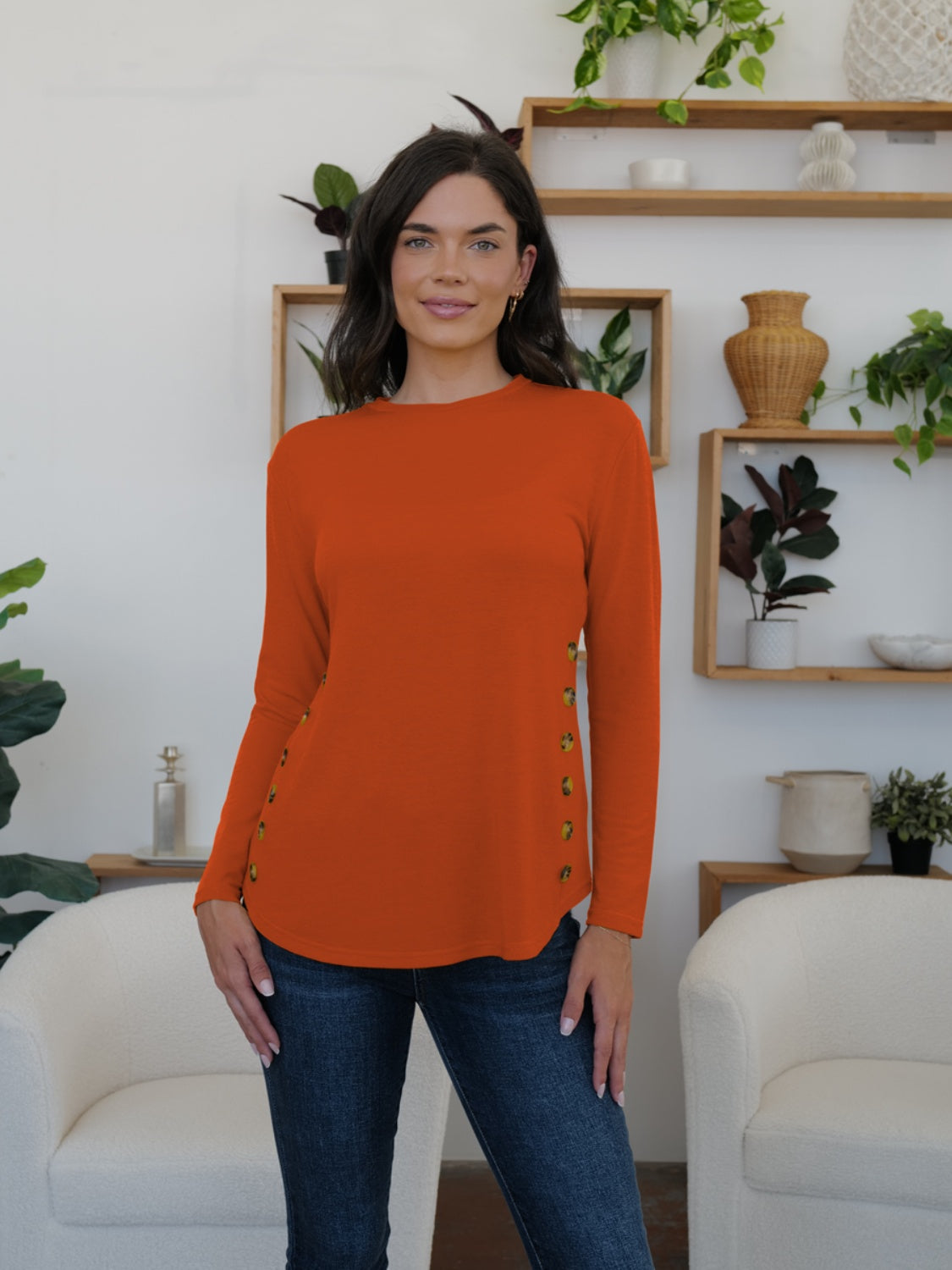 Buy terracotta FAM-FAM Round Neck Long Sleeve T-Shirt