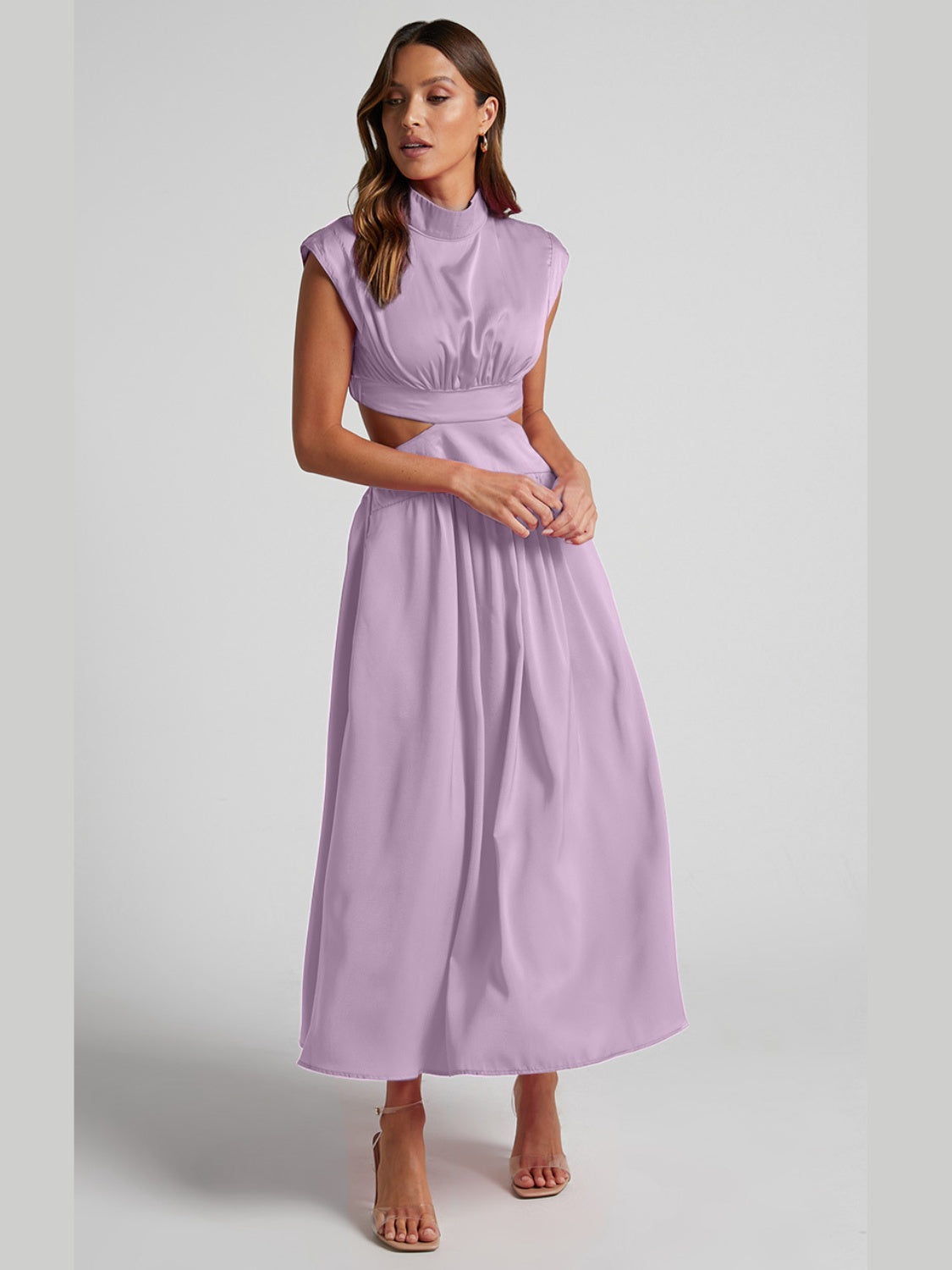 Buy lavender Cutout Mock Neck Sleeveless Ruched Dress