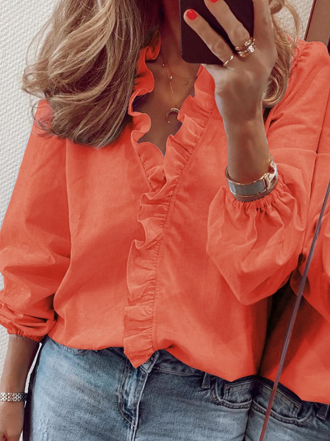 Buy pumpkin Full Size Ruffled V-Neck Long Sleeve Blouse