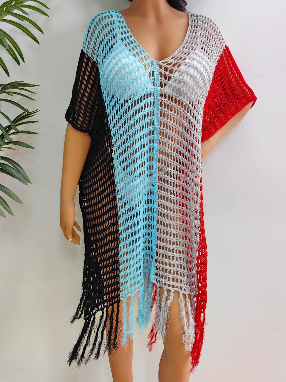 Buy black Fringe Color Block Scoop Neck Cover Up