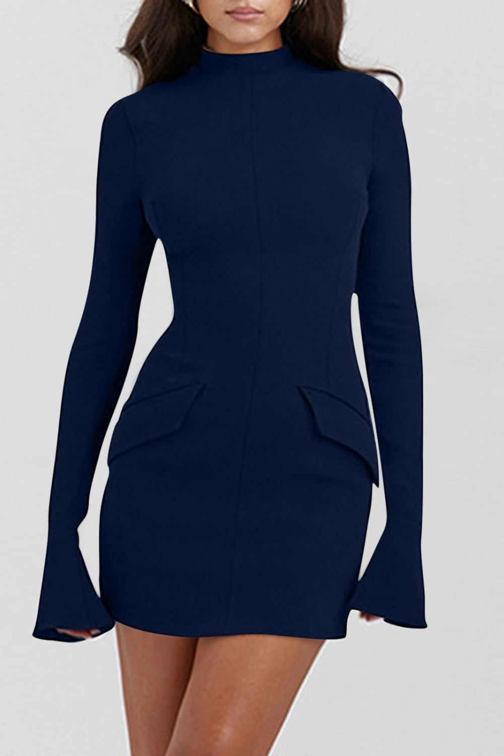 Buy navy Mock Neck Long Sleeve Mini Dress