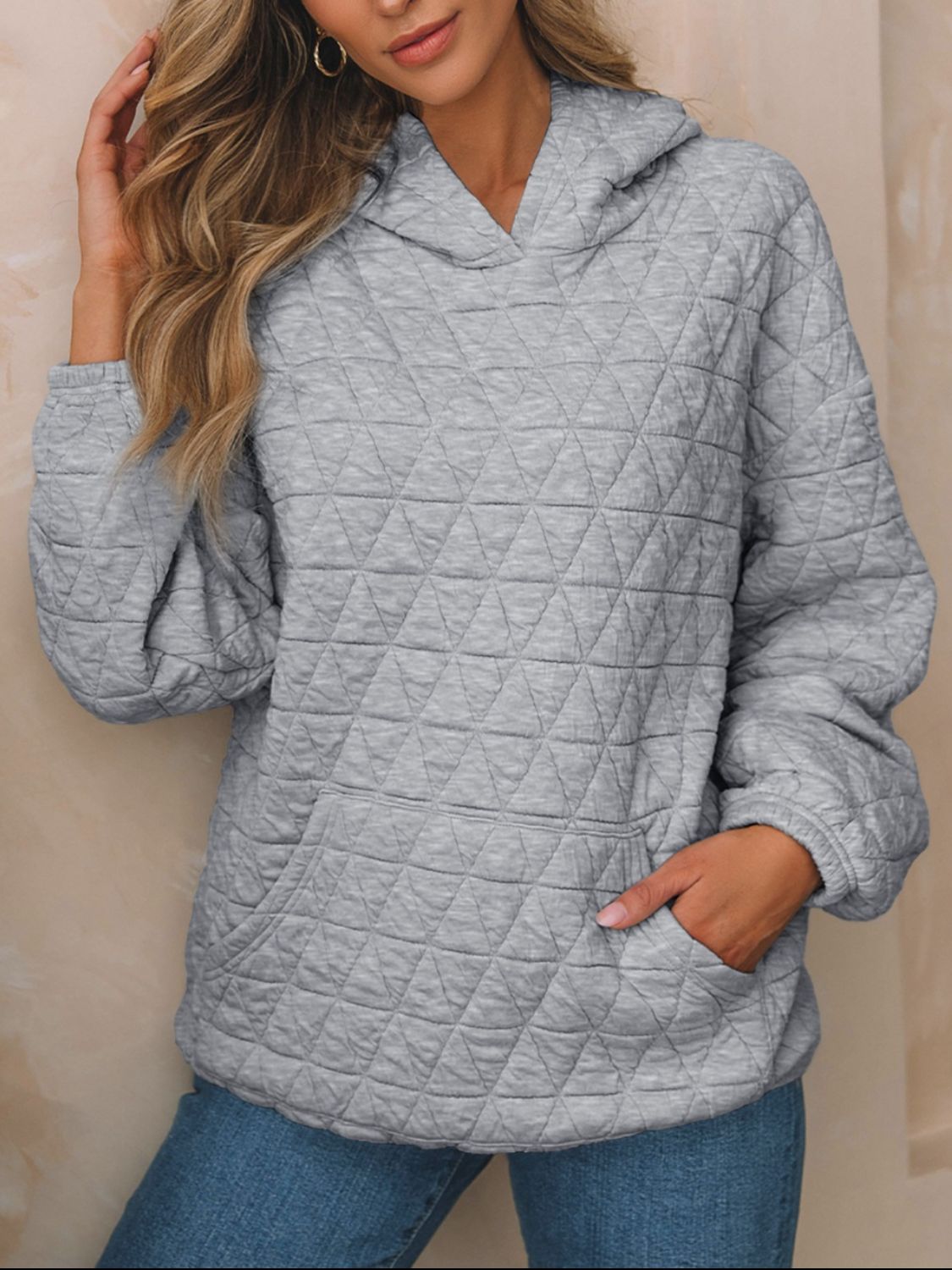 Buy gray Textured Long Sleeve Hoodie with Pockets