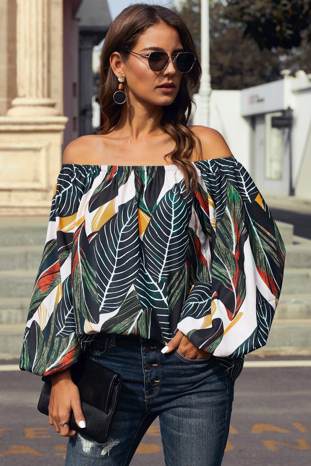 Buy green Off-Shoulder Balloon Sleeve Top