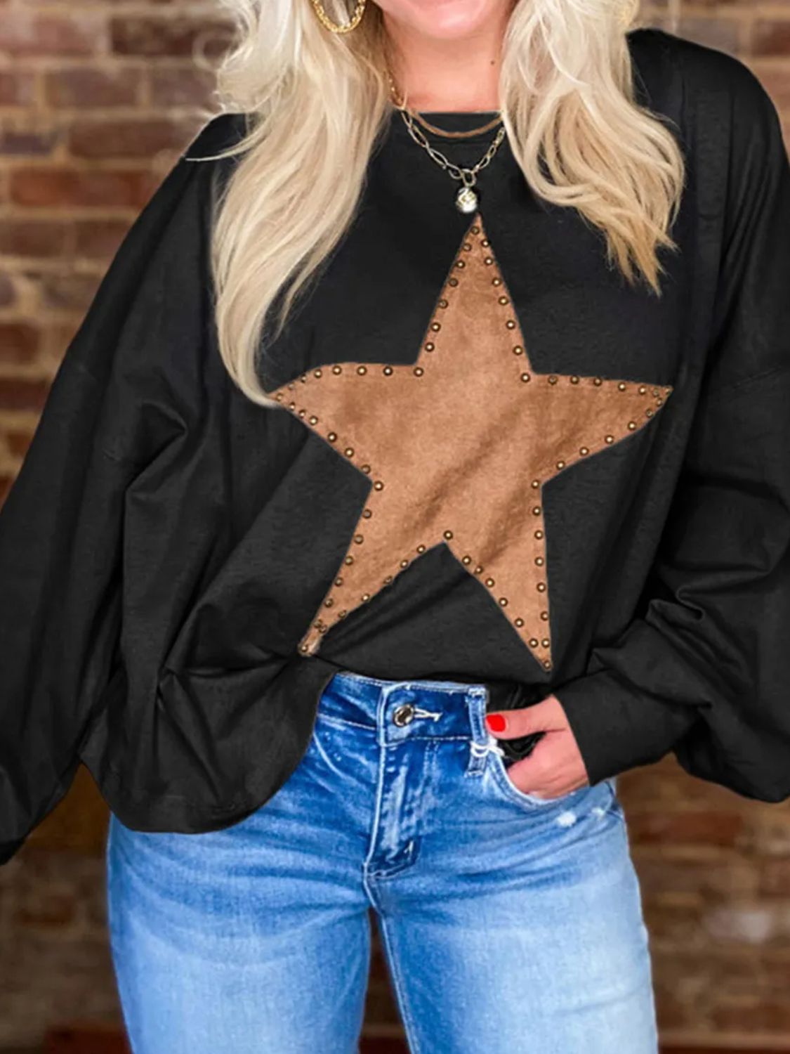 Buy black Star Round Neck Long Sleeve Blouse