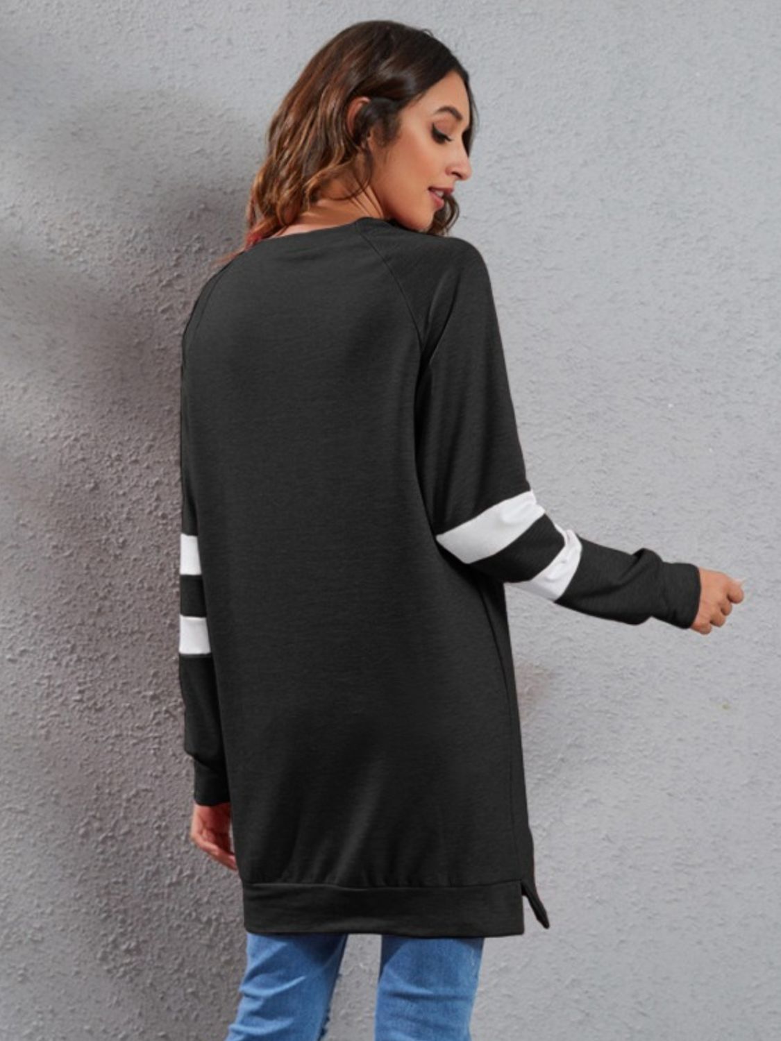 Buy black Full Size Striped Round Neck Long Sleeve T-Shirt