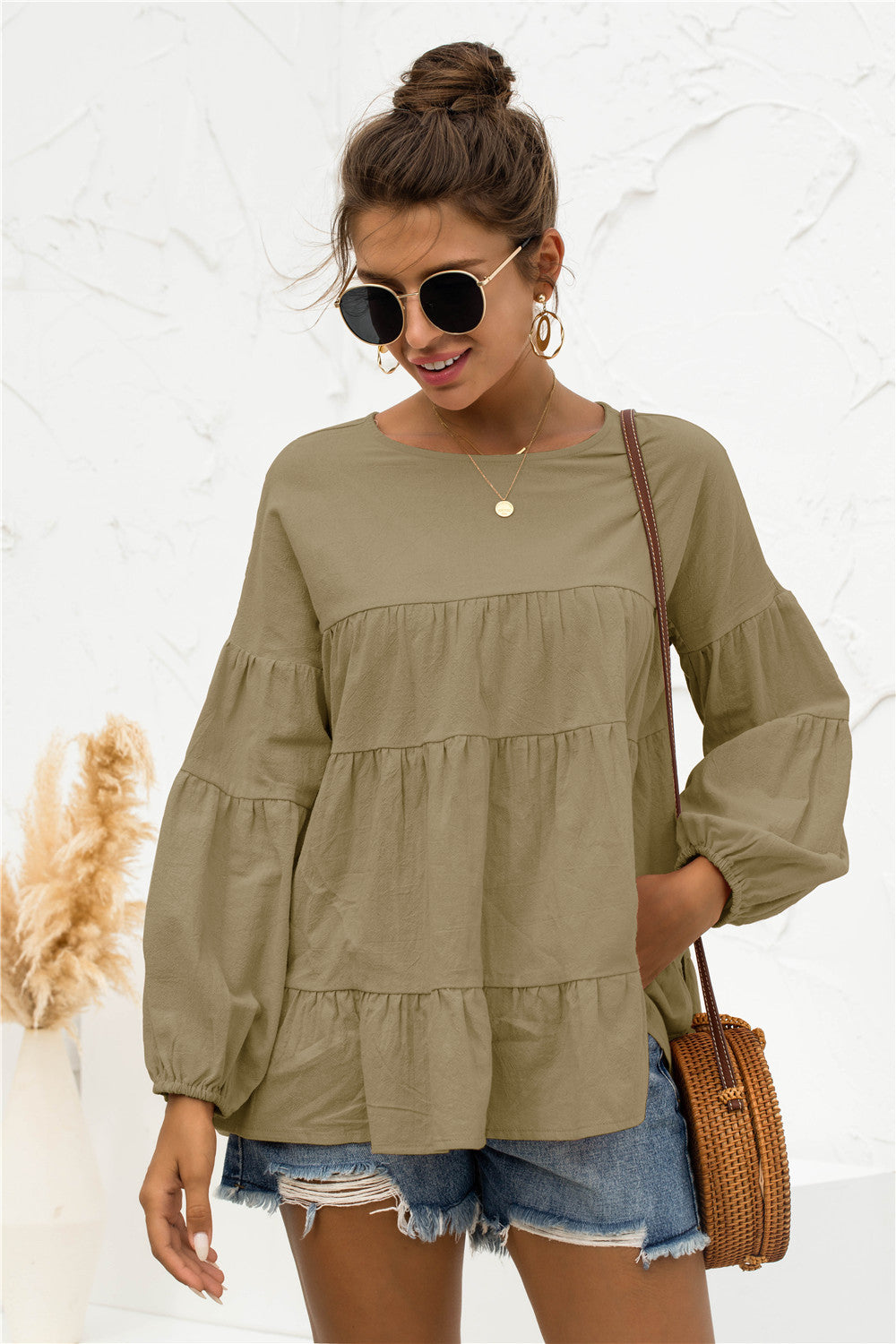 Buy army-green Round Neck Bubble Sleeve Tiered Blouse