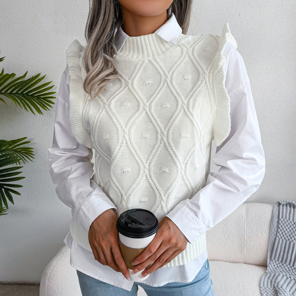 Buy white Ruffle Shoulder Ribbed Trim Sweater Vest