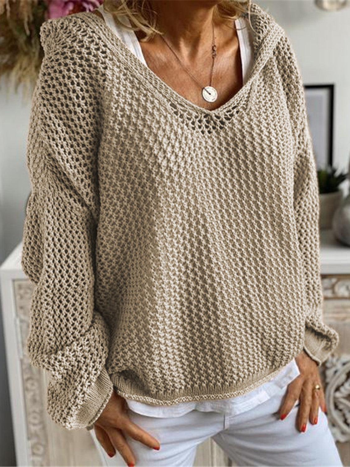 Buy khaki Openwork Hooded Long Sleeve Sweater