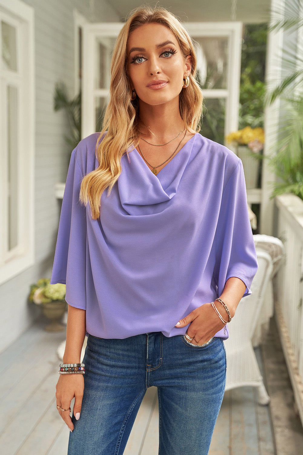 Buy purple Short Sleeve Draped Blouse