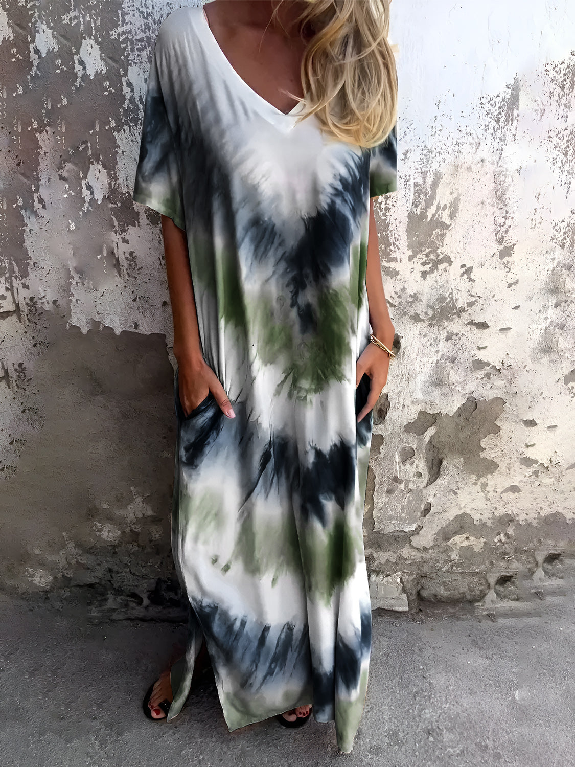 Buy moss Full Size Pocketed Tie-Dye Short Sleeve Dress