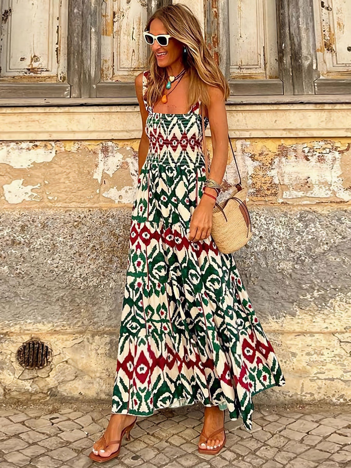 Buy dark-green Smocked Printed Square Neck Sleeveless Dress