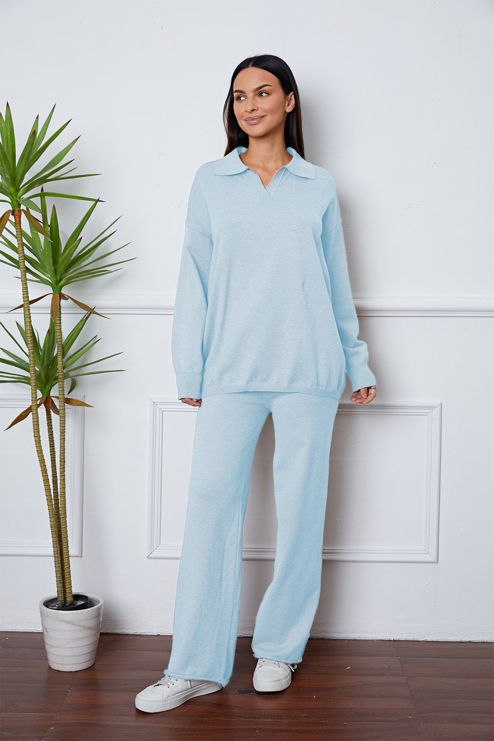 Buy misty-blue Dropped Shoulder Sweater and Long Pants Set