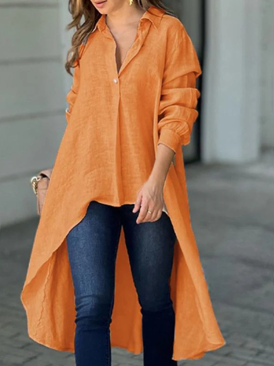 Buy tangerine Full Size High-Low Collared Neck Long Sleeve Shirt