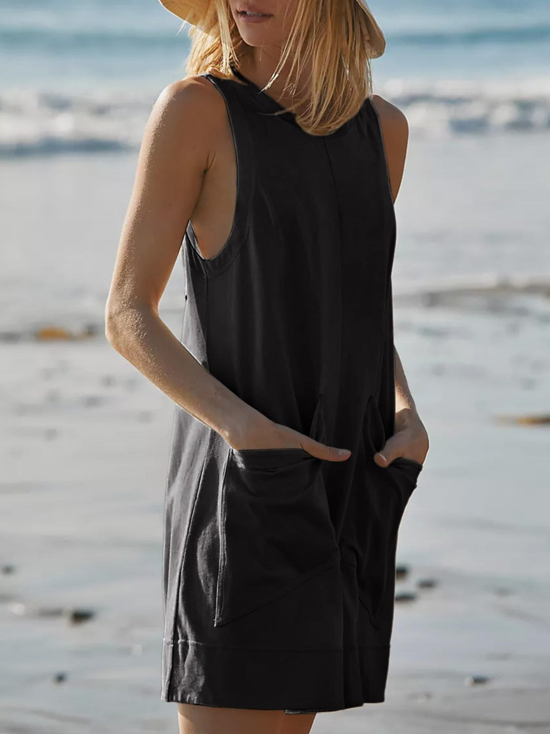 Buy black Round Neck Sleeveless Romper with Pockets