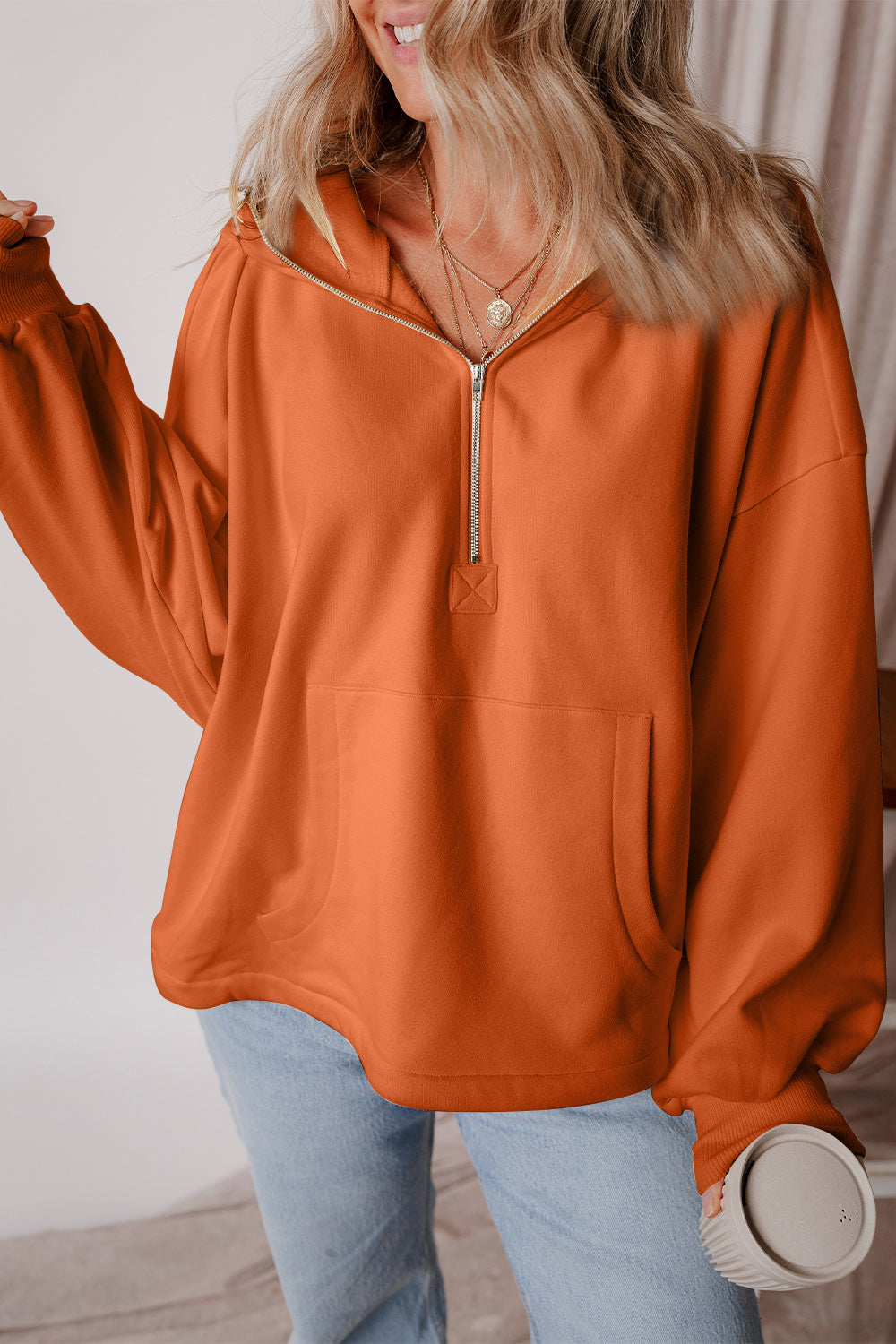 Buy orange Pocketed Half Zip Dropped Shoulder Hoodie