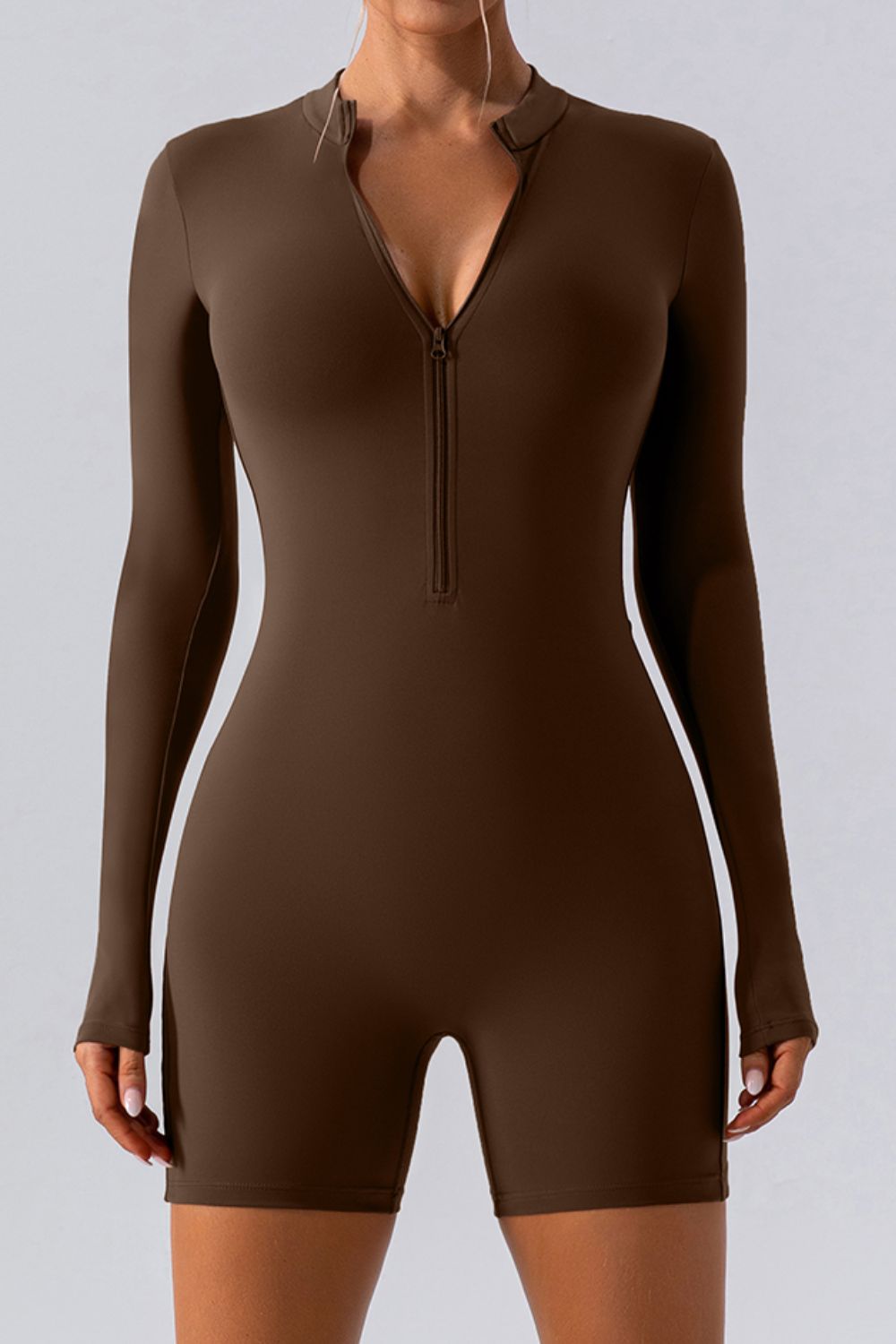 Buy chocolate Half Zip Long Sleeve Active Romper