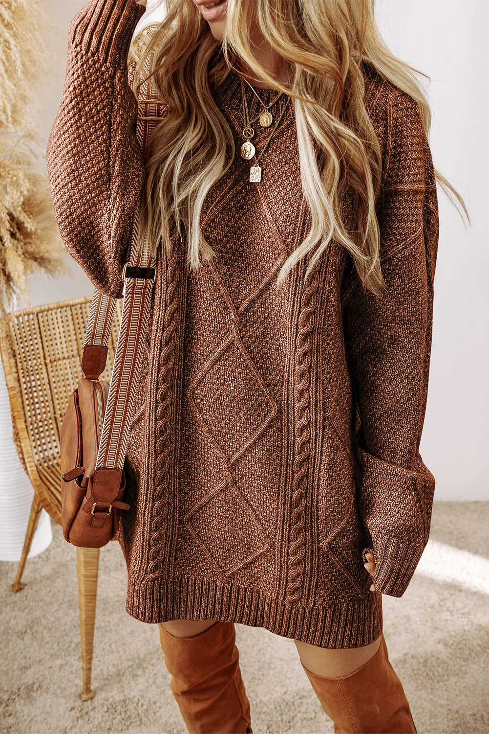 Buy taupe Cable-Knit Round Neck Sweater Dress