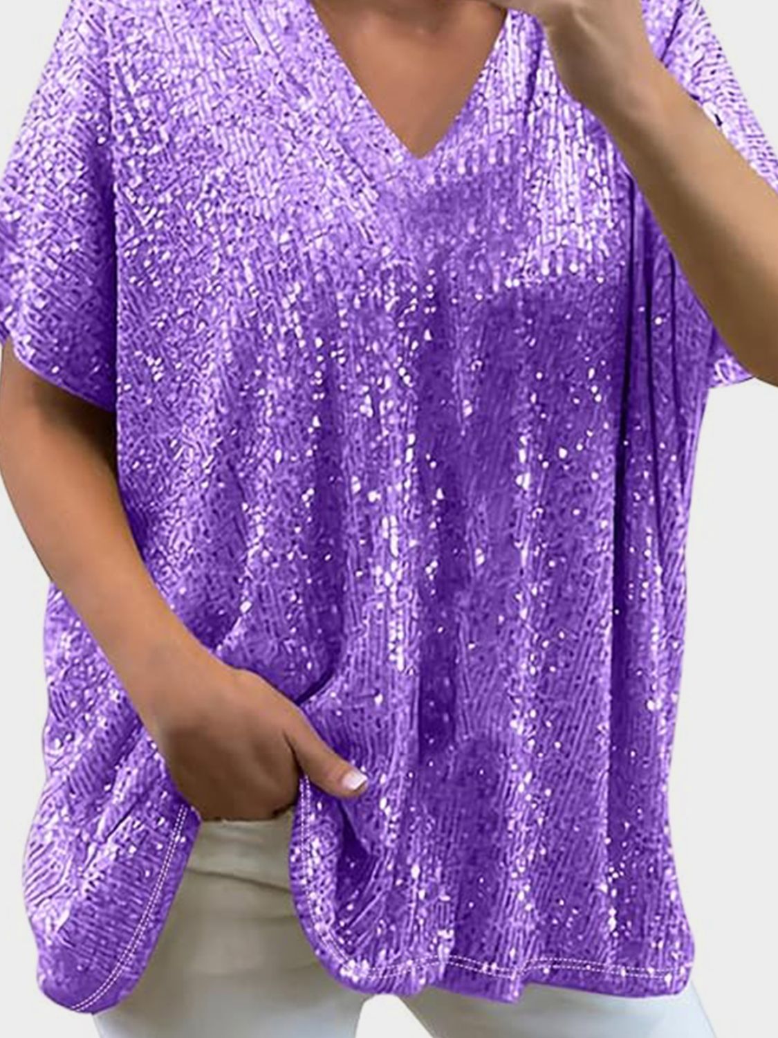 Buy purple Full Size Sequin V-Neck Short Sleeve Top