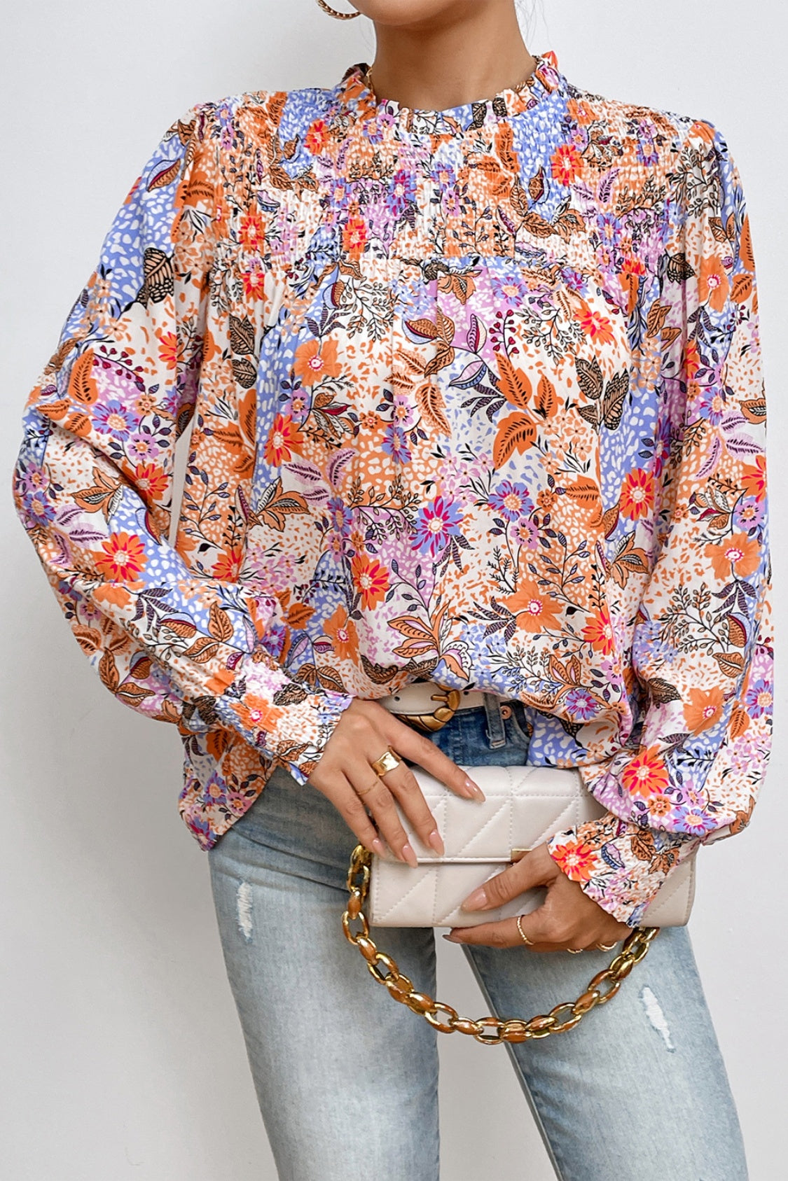 Multicolour Floral Print Sleeve Frilled Round Neck Blouse