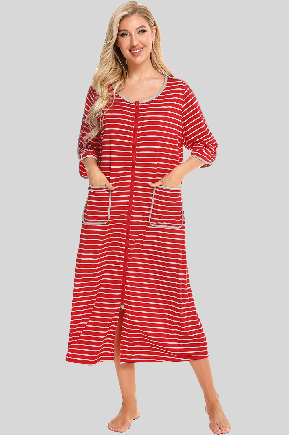 Buy deep-red Round Neck Three-Quarter Sleeve Midi Night Dress