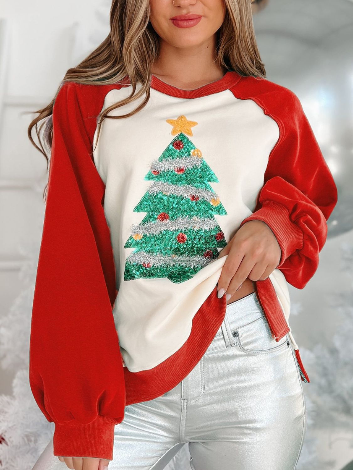 Buy orange-red Christmas Tree Long Sleeve Sweatshirt