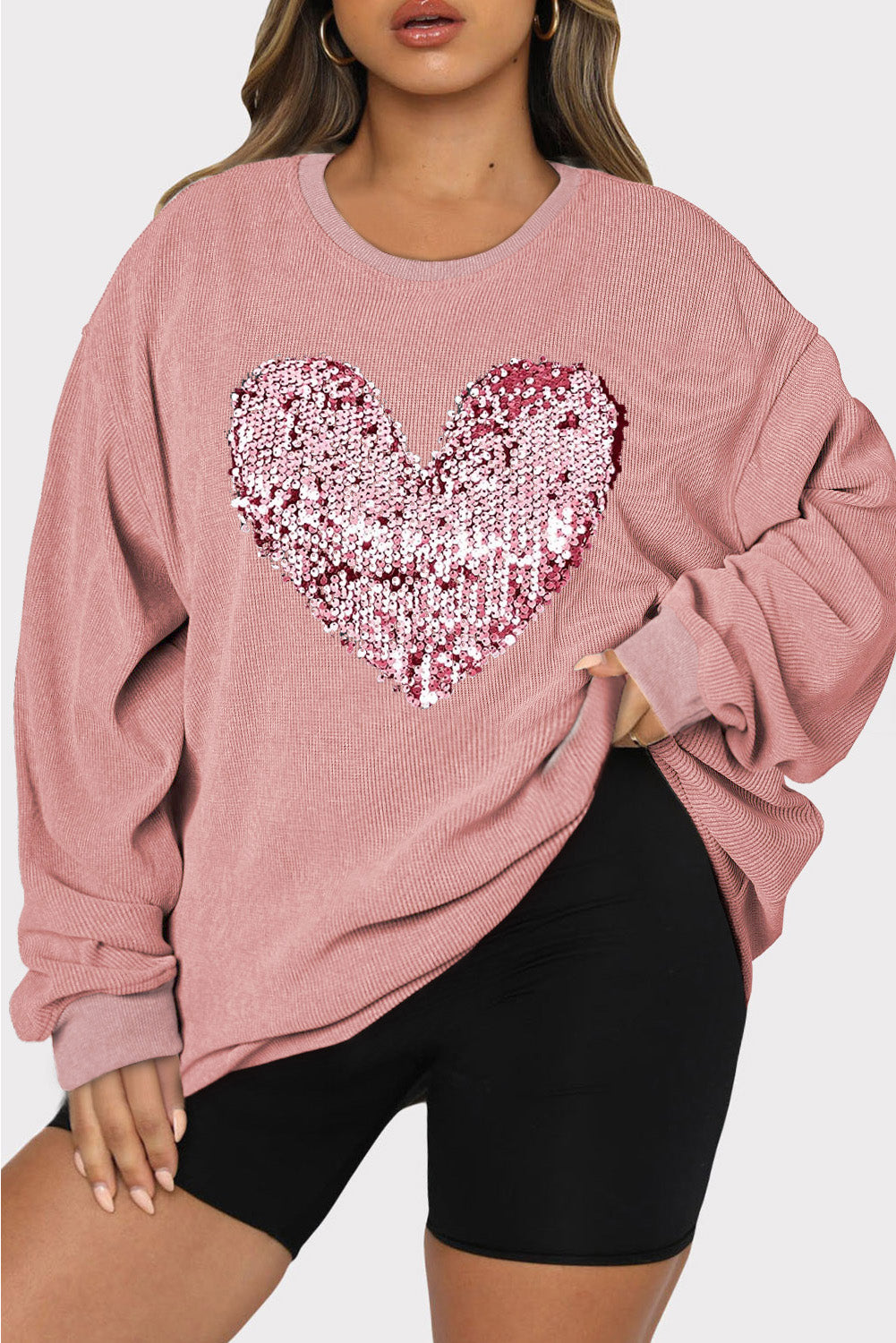 Buy dusty-pink Plus Size Heart Sequin Round Neck Sweatshirt