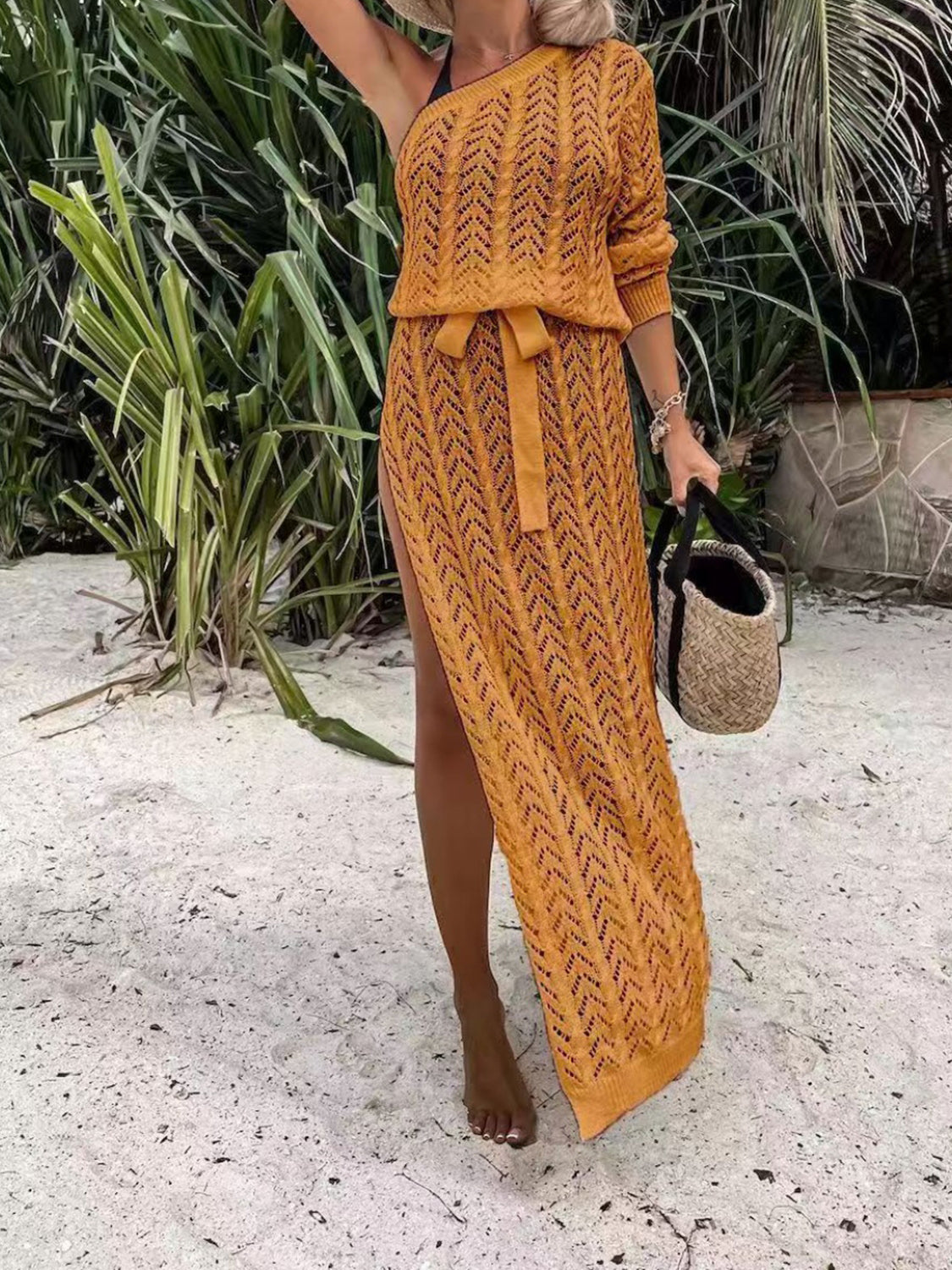 Buy mustard Slit Openwork Single Shoulder Knit Dress