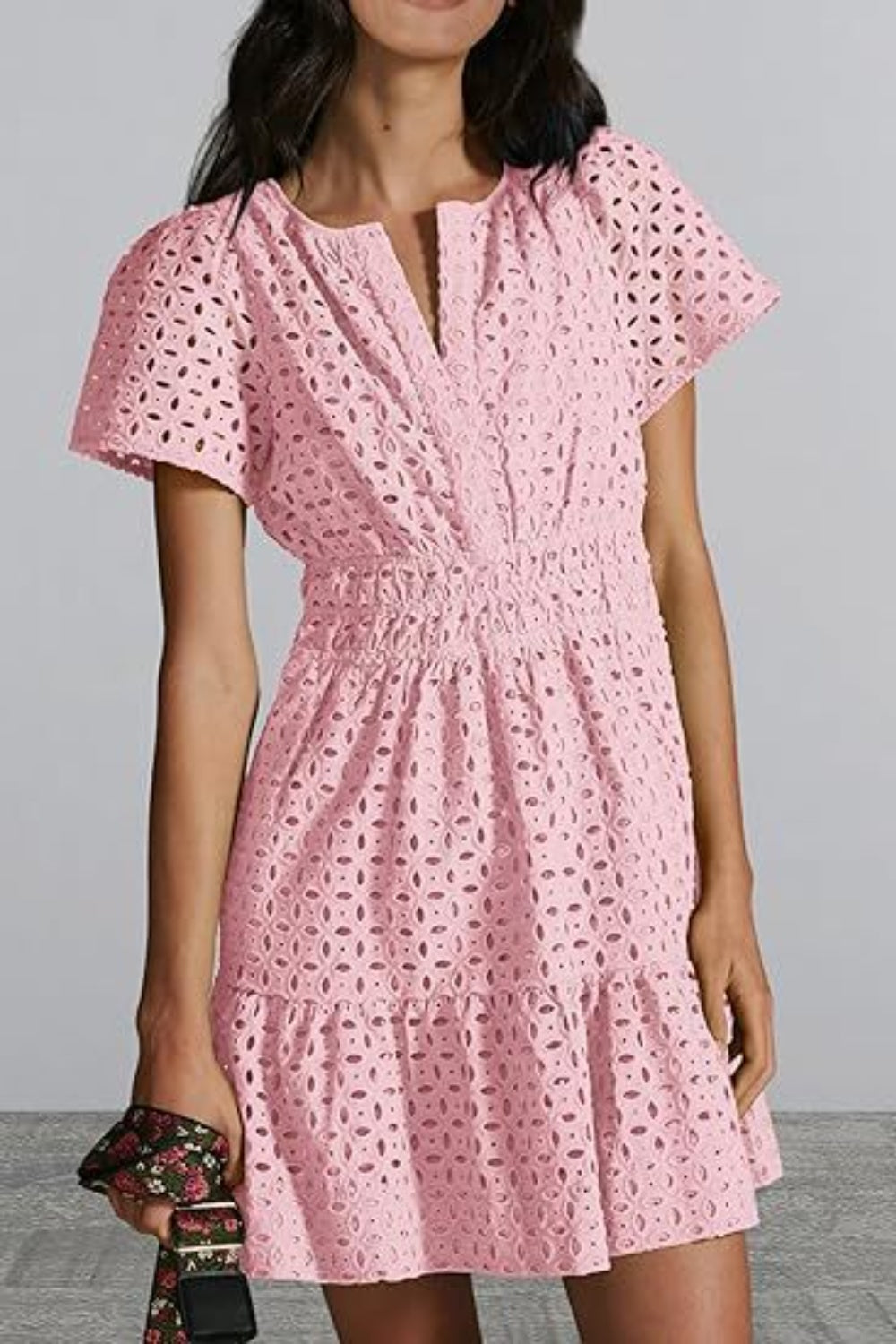 Buy blush-pink Eyelet Notched Short Sleeve Mini Dress