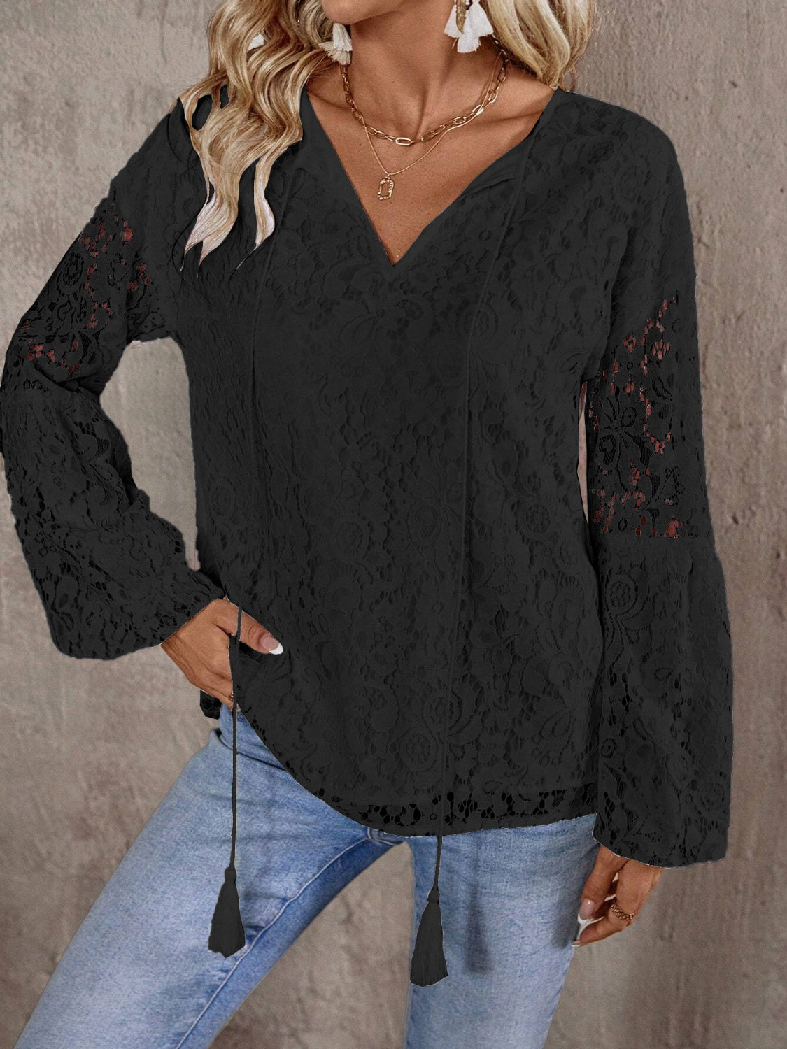 Buy black Lace Tie Neck Long Sleeve Blouse