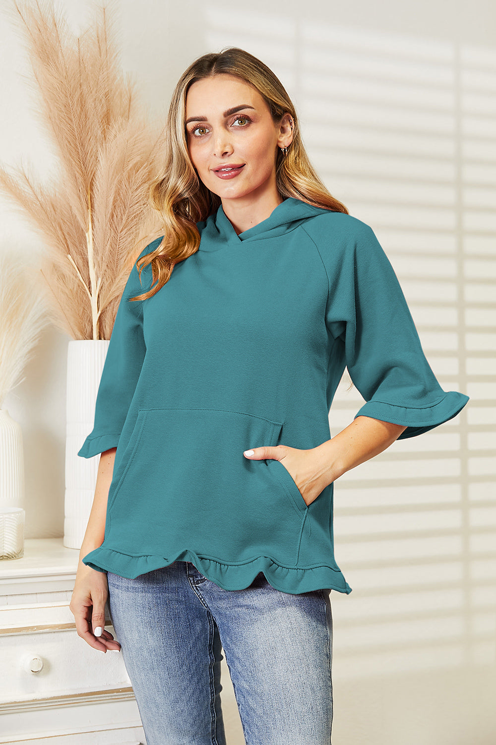 Buy deep-teal Ninexis Full Size Raglan Sleeve Ruffled Hoodie with Pocket