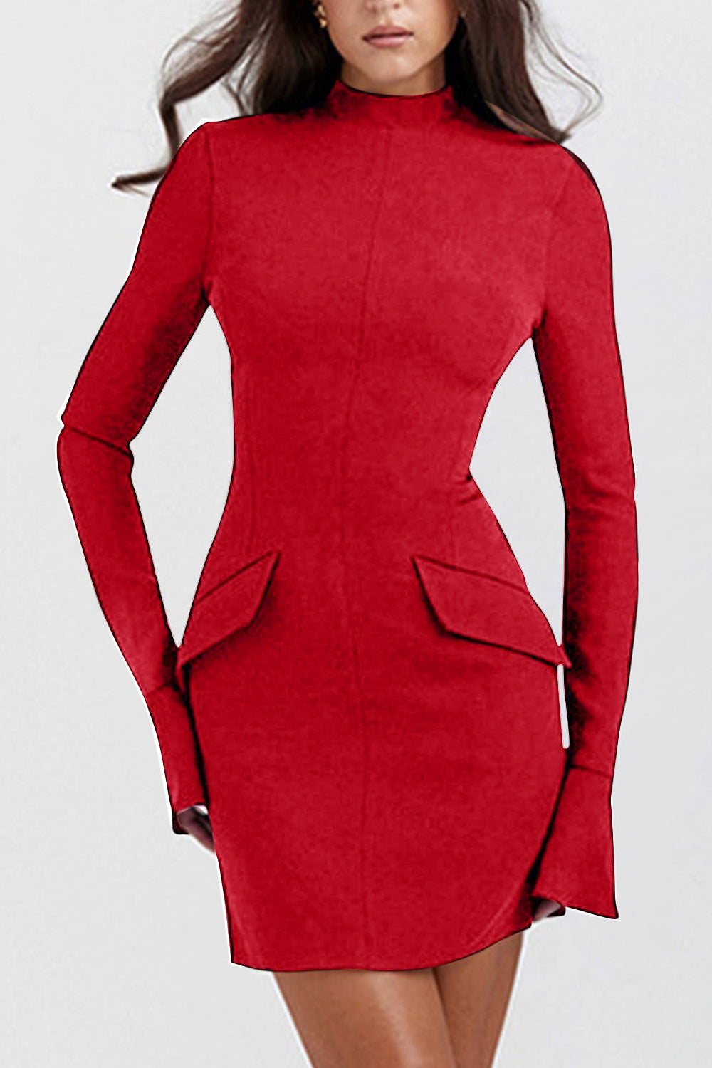 Buy deep-red Mock Neck Long Sleeve Mini Dress