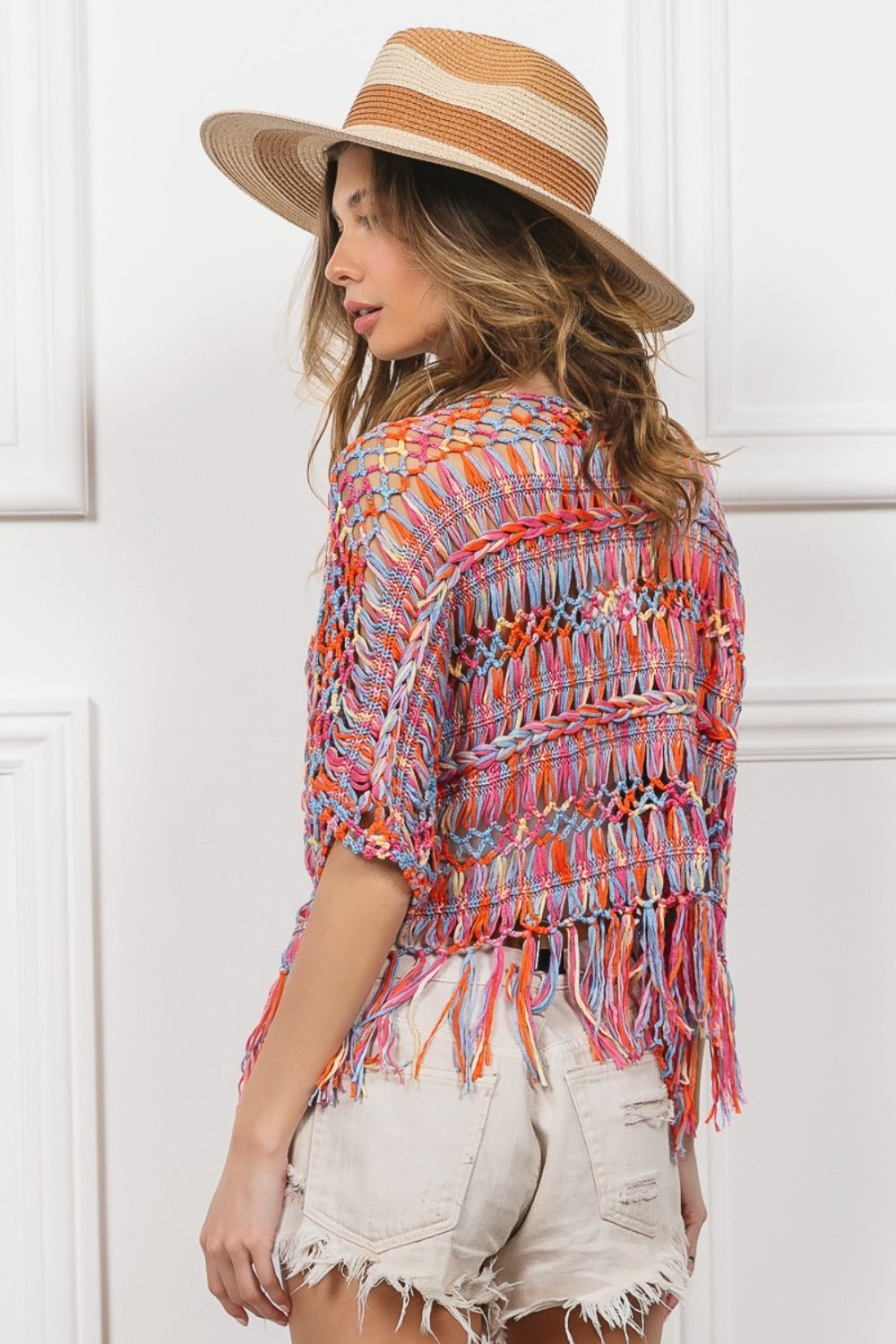 BiBi Open Front Fringed Crop Knit Cardigan