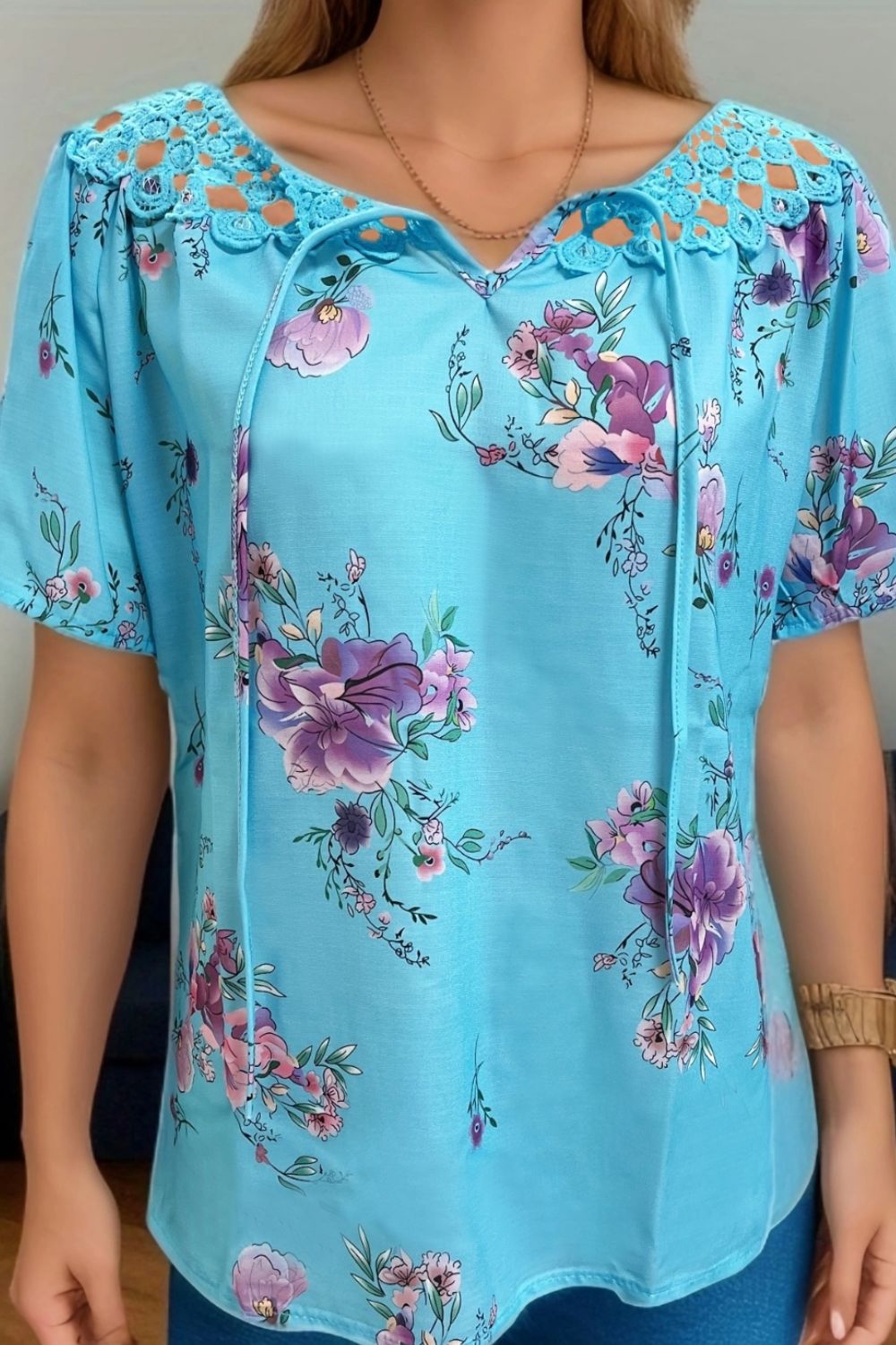 Buy pastel-blue Full Size Printed Tie Neck Short Sleeve Blouse