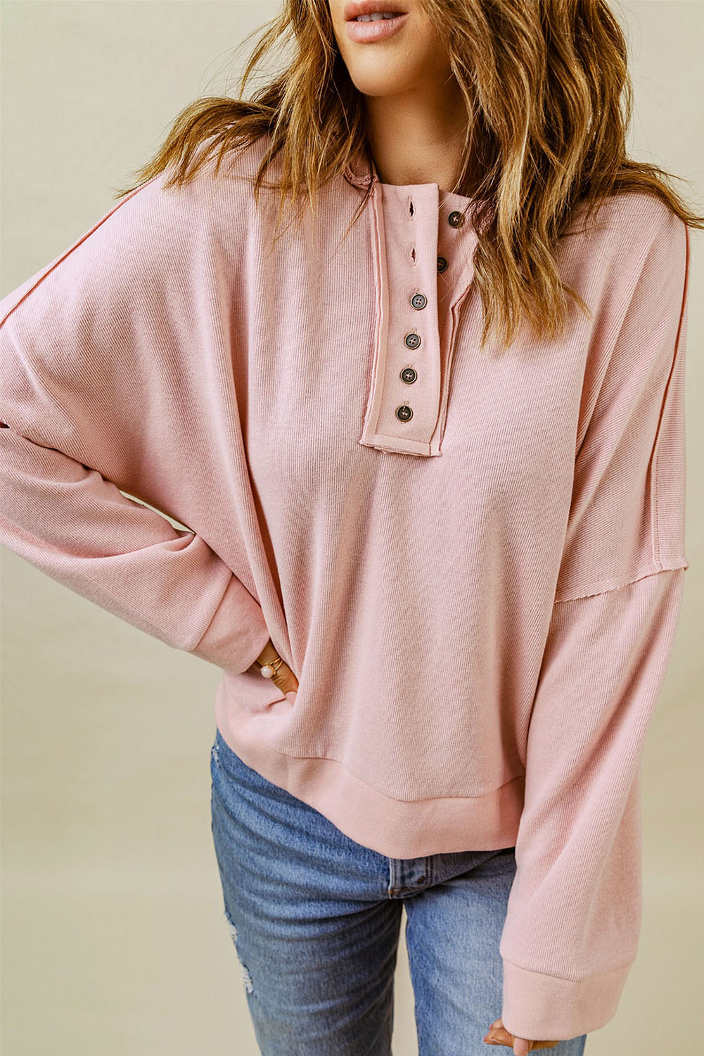 Buy blush-pink Quarter-Button Exposed Seam Dropped Shoulder Hoodie