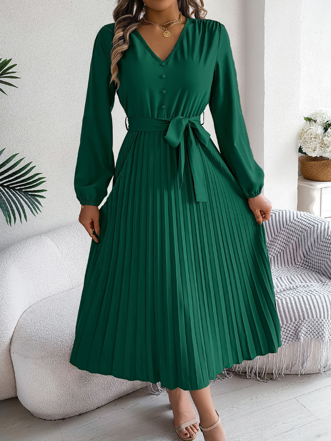 Buy dark-green Pleated Tied V-Neck Long Sleeve Dress