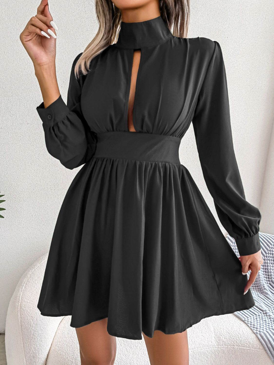 Buy black Cutout Turtleneck A-Line Mini Dress