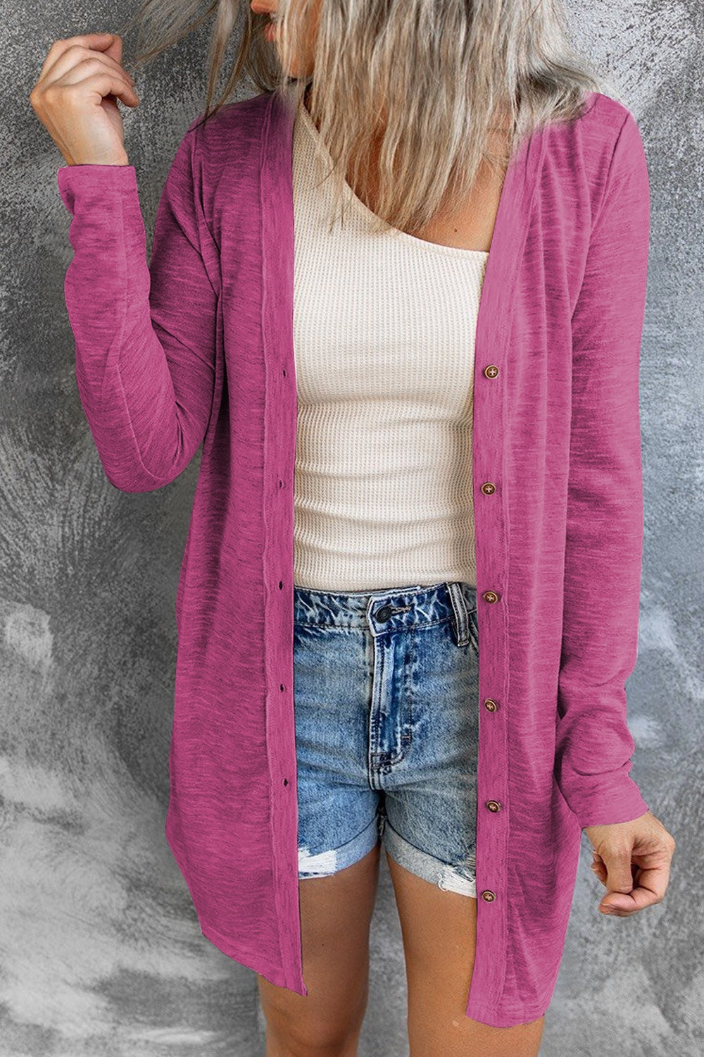 Buy hot-pink Button Up Long Sleeve Cover Up