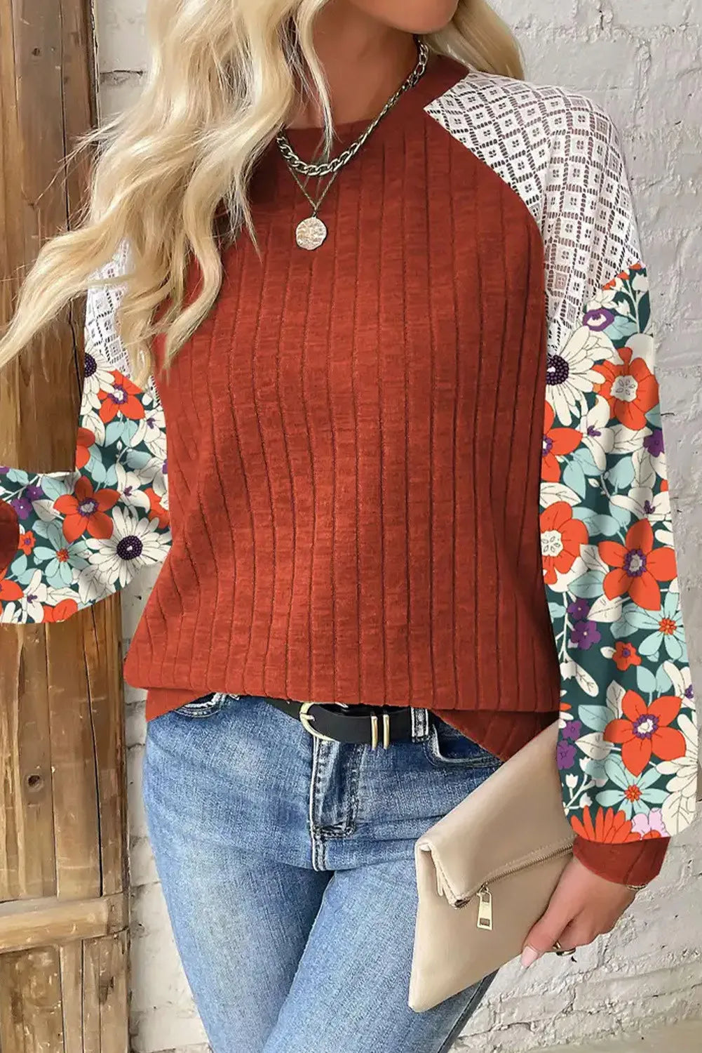 Buy terracotta Printed Round Neck Long Sleeve Top