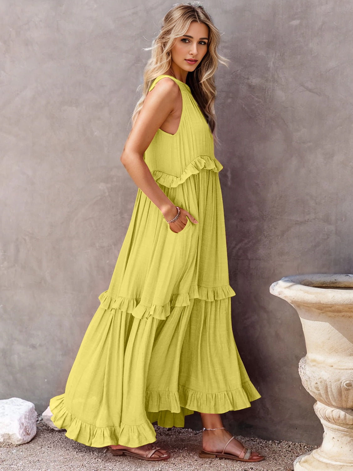 Buy chartreuse Ruffled Sleeveless Tiered Maxi Dress with Pockets