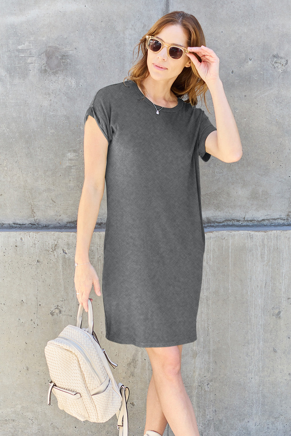 Buy gray Basic Bae Full Size Round Neck Short Sleeve Dress with Pockets