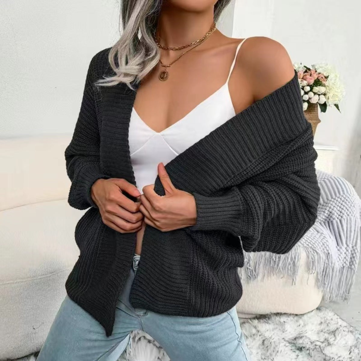 Buy black Open Front Lantern Sleeve Cardigan