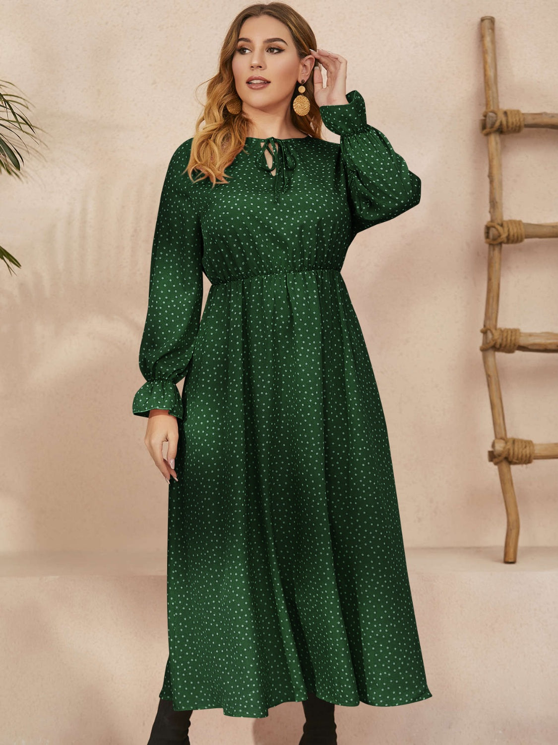 Buy dark-green Honey Plus Size Ruffled Polka Dot Long Sleeve Midi Dress