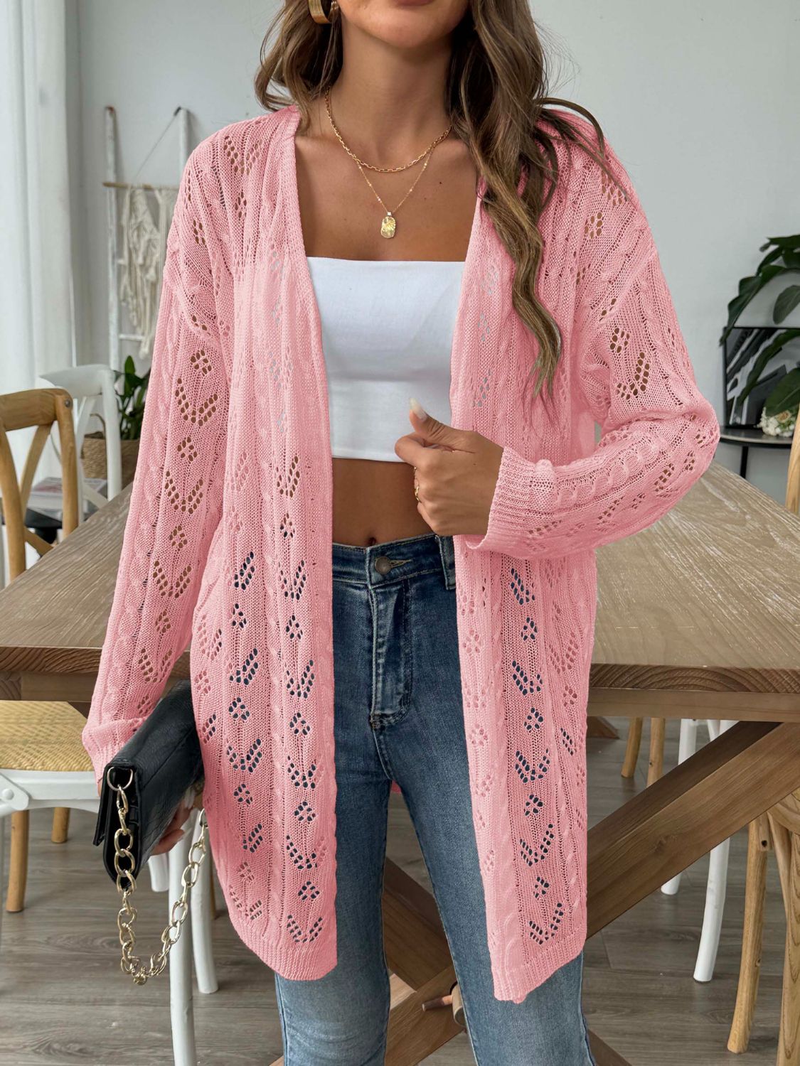 Buy burnt-coral Openwork Open Front Long Sleeve Cardigan