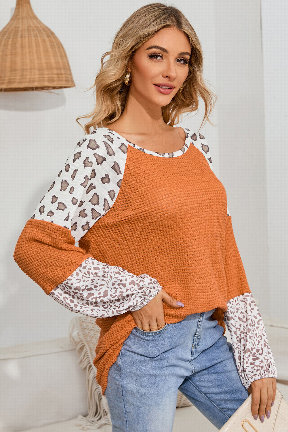 Leopard Waffle-Knit Long Sleeve Blouse