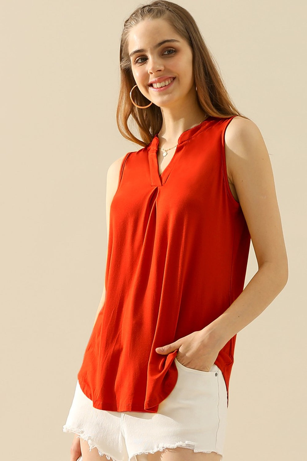 Buy red Ninexis Full Size Notched Sleeveless Top