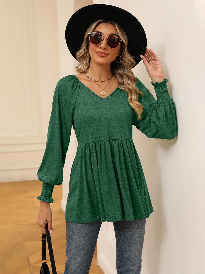 Buy mid-green V-Neck Lantern Sleeve Blouse