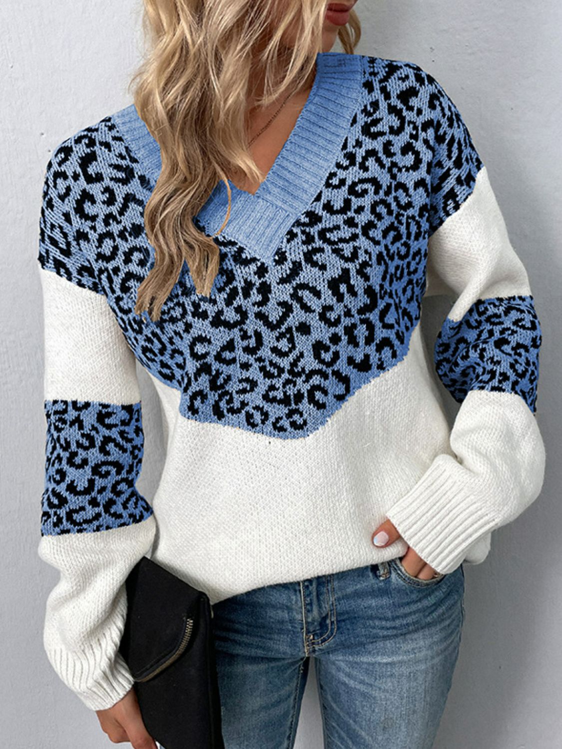 Buy misty-blue Leopard V-Neck Dropped Shoulder Sweater