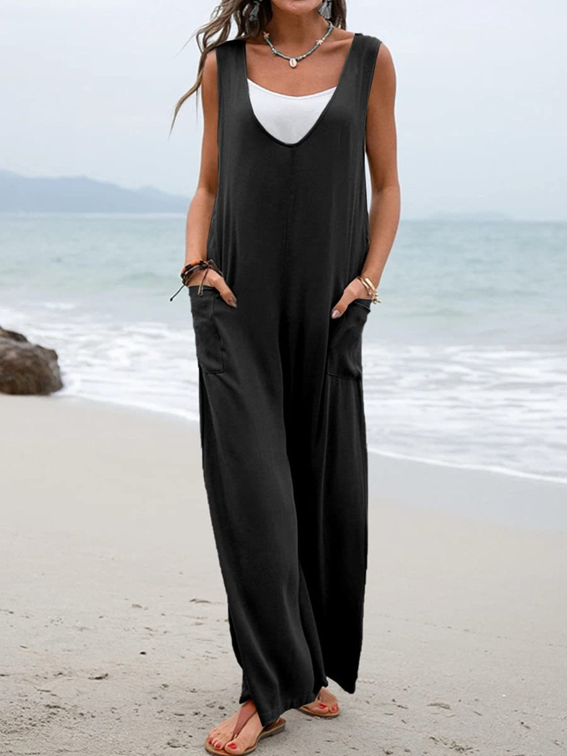 Buy black Full Size Wide Strap Jumpsuit with Pockets