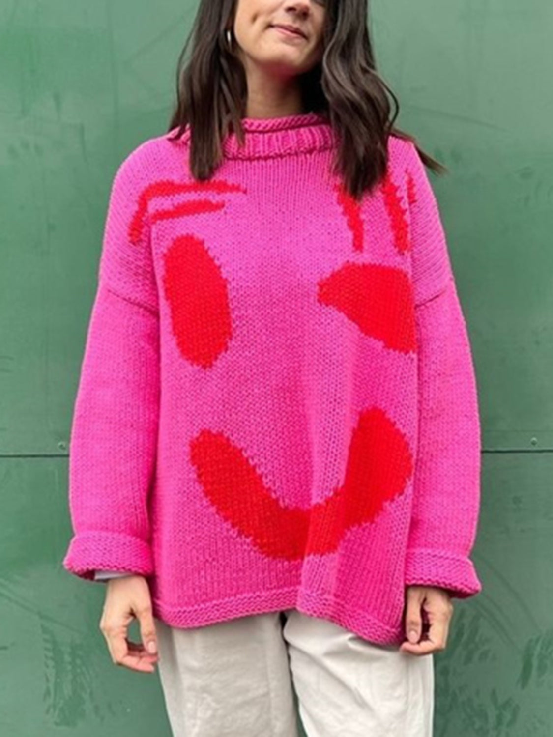 Buy hot-pink Contrast Drop Shoulder Long Sleeve Sweater