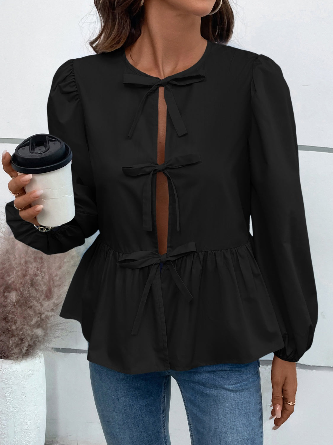 Buy black Ivy Lane Peplum Tied Long Sleeve Blouse